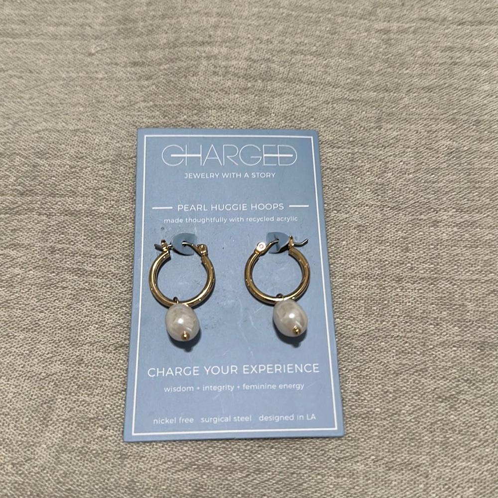 CHARGED PEARL HUGGIE HOOP EARRINGS $50